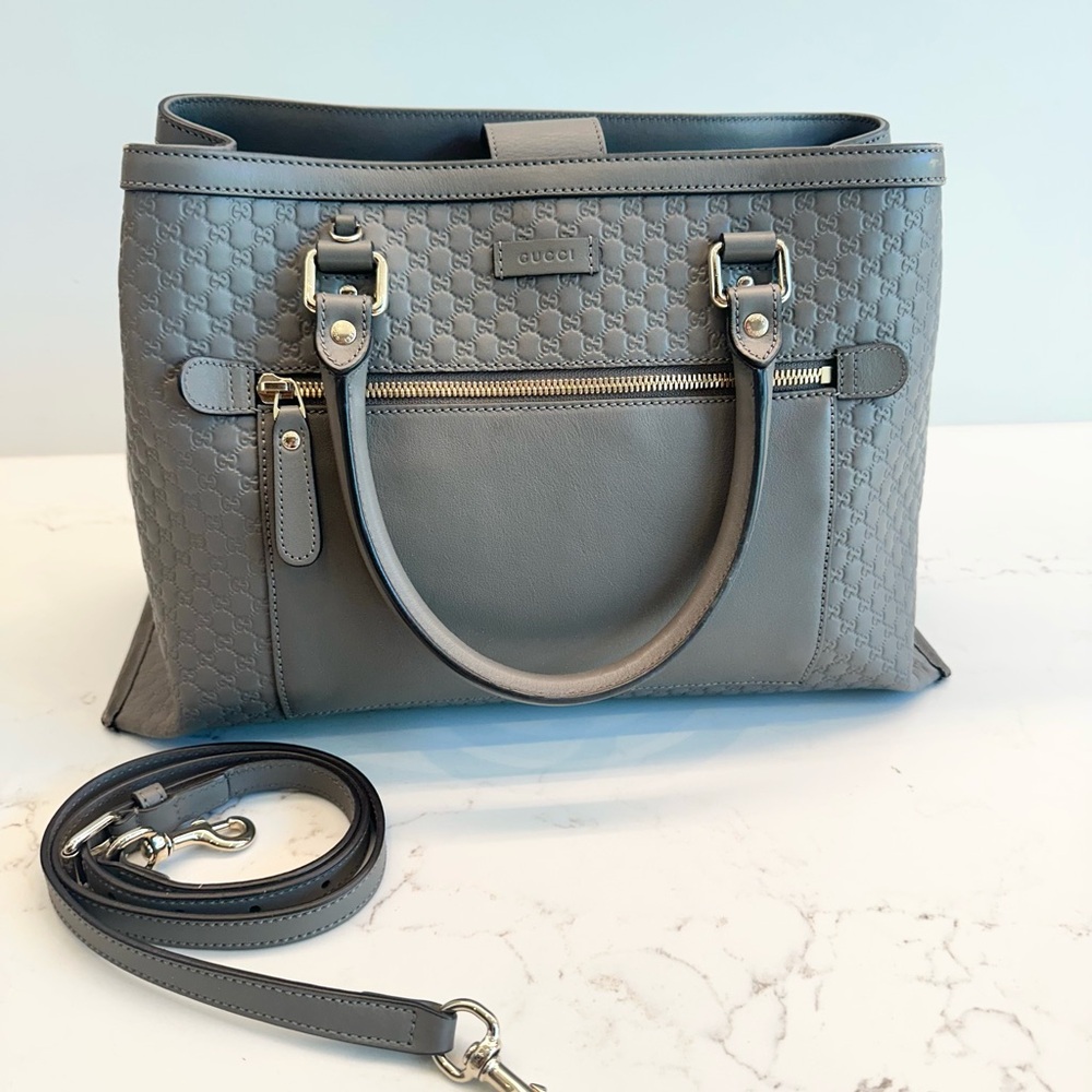 Gucci Gray Satchel with Silver Accents and Textured Design